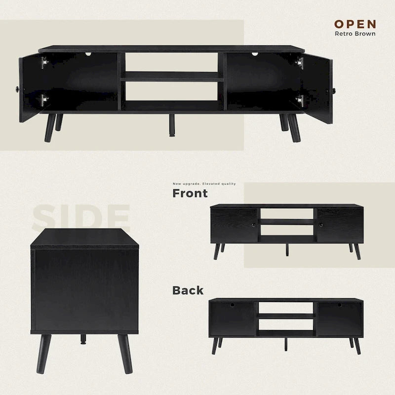 Meuble TV Mid-Century Noir/Marron avec 2 Armoires et Étagère Réglable, Compatible TV jusqu'à 60 Pouces, 1 Personne