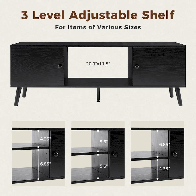 Meuble TV Mid-Century Noir/Marron avec 2 Armoires et Étagère Réglable, Compatible TV jusqu'à 60 Pouces, 1 Personne