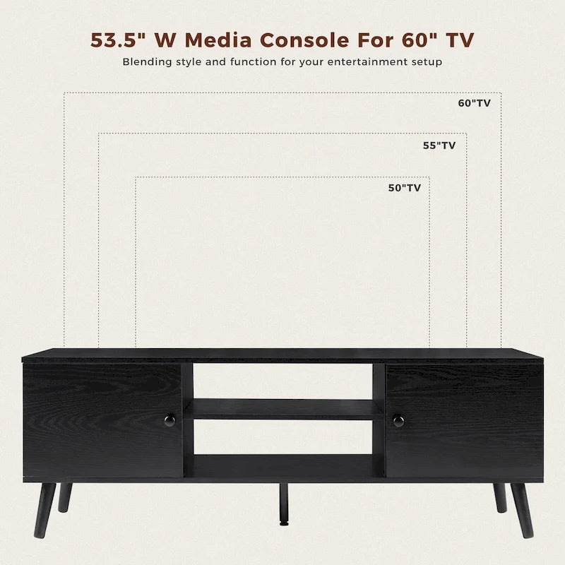 Meuble TV Mid-Century Noir/Marron avec 2 Armoires et Étagère Réglable, Compatible TV jusqu'à 60 Pouces, 1 Personne