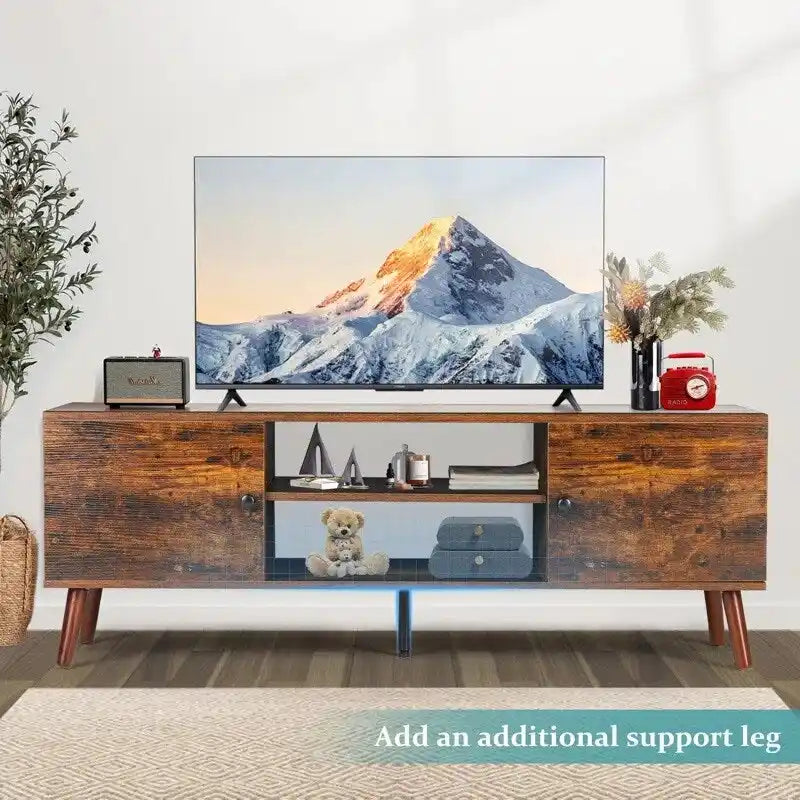 Meuble TV Mid-Century Noir/Marron avec 2 Armoires et Étagère Réglable, Compatible TV jusqu'à 60 Pouces, 1 Personne