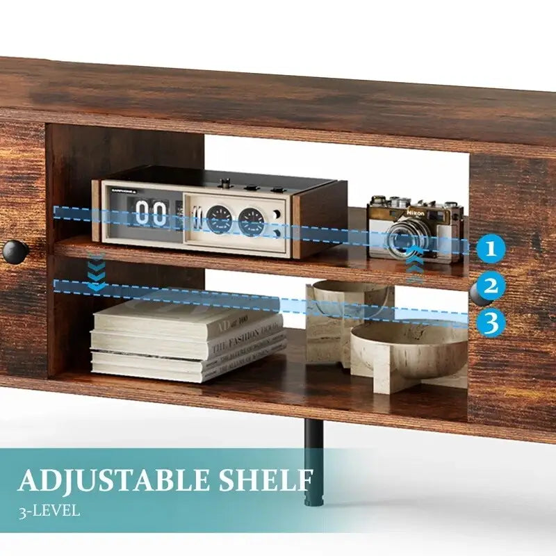 Meuble TV Mid-Century Noir/Marron avec 2 Armoires et Étagère Réglable, Compatible TV jusqu'à 60 Pouces, 1 Personne