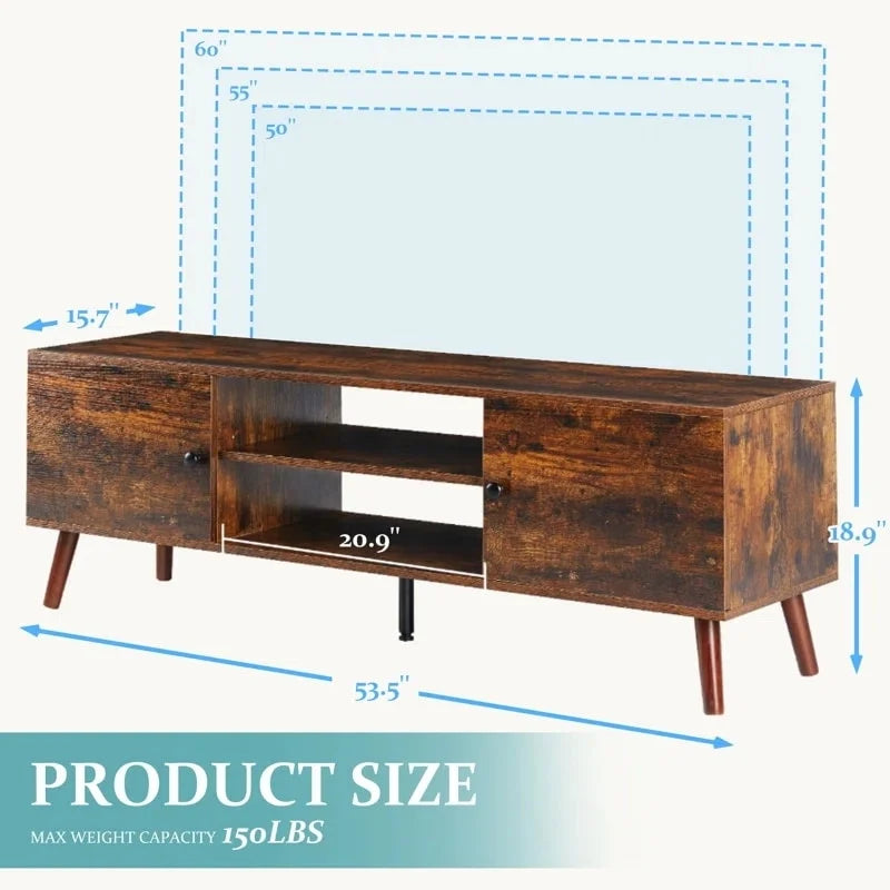 Meuble TV Mid-Century Noir/Marron avec 2 Armoires et Étagère Réglable, Compatible TV jusqu'à 60 Pouces, 1 Personne