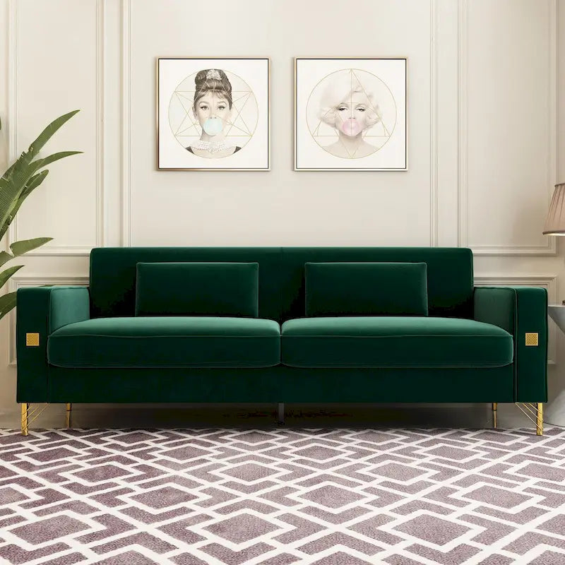 Causeuse capitonnée en velours bleu / blanc / vert / orange / noir avec pieds dorés et oreillers lombaires, 2 places
