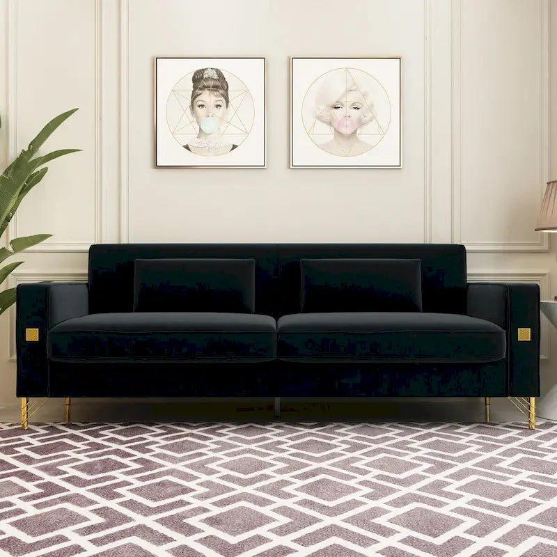 Causeuse capitonnée en velours bleu / blanc / vert / orange / noir avec pieds dorés et oreillers lombaires, 2 places