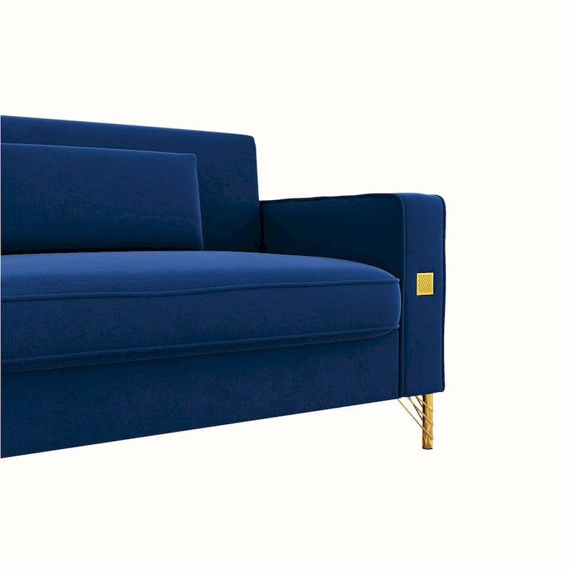 Causeuse capitonnée en velours bleu / blanc / vert / orange / noir avec pieds dorés et oreillers lombaires, 2 places