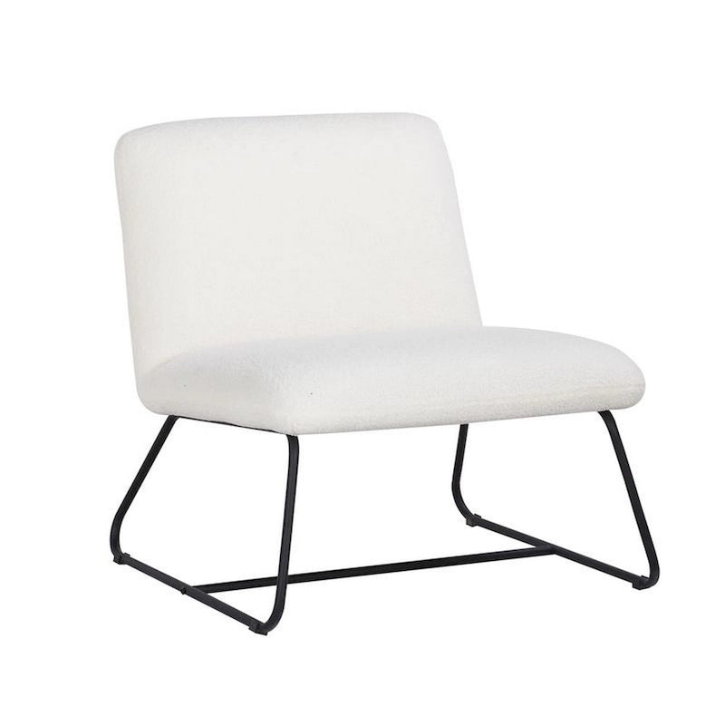 Fauteuil d'appoint sans accoudoirs en tissu bouclette ivoire et noir avec piètement luge en acier noir, 1 place