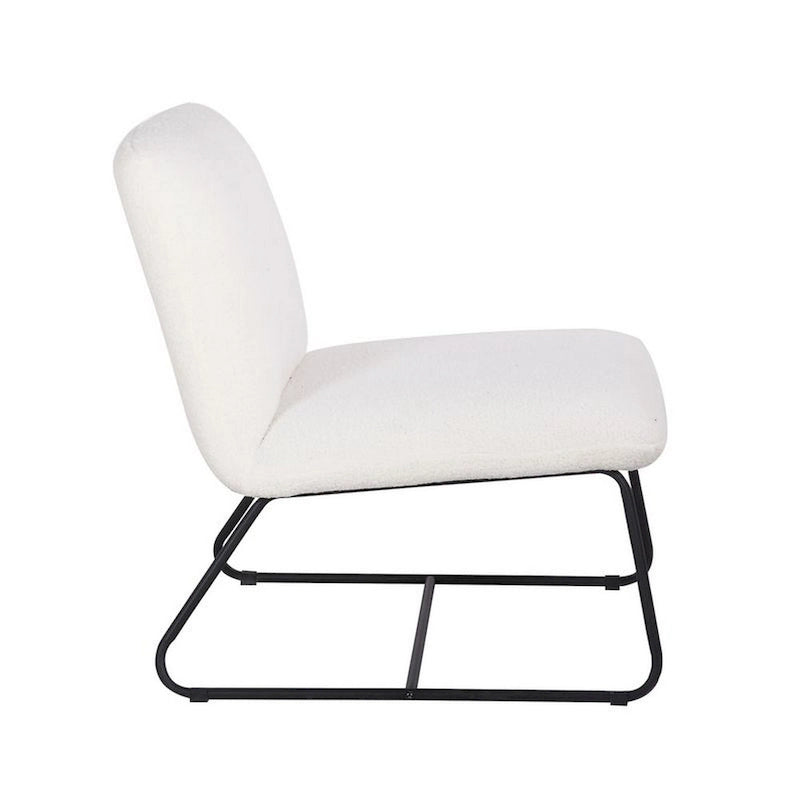 Fauteuil d'appoint sans accoudoirs en tissu bouclette ivoire et noir avec piètement luge en acier noir, 1 place