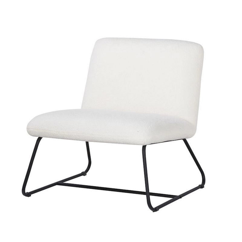 Fauteuil d'appoint sans accoudoirs en tissu bouclette ivoire et noir avec piètement luge en acier noir, 1 place