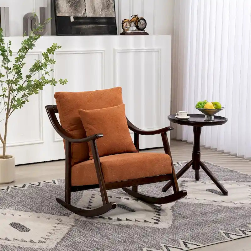 Fauteuil à bascule moderne 1 place en tissu tissé marron clair / jaune / vert clair avec base incurvée en bois massif