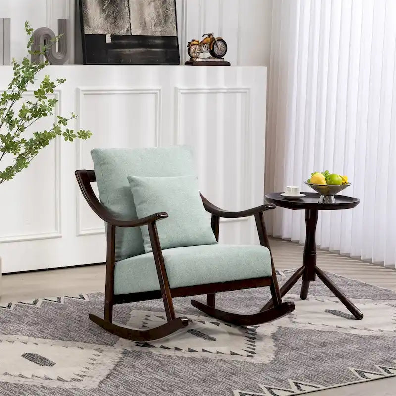 Fauteuil à bascule moderne 1 place en tissu tissé marron clair / jaune / vert clair avec base incurvée en bois massif