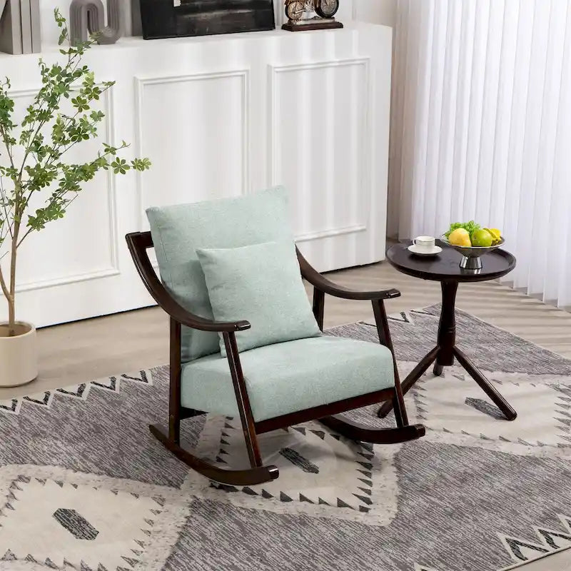 Fauteuil à bascule moderne 1 place en tissu tissé marron clair / jaune / vert clair avec base incurvée en bois massif