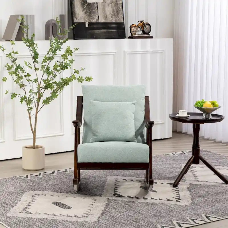 Fauteuil à bascule moderne 1 place en tissu tissé marron clair / jaune / vert clair avec base incurvée en bois massif