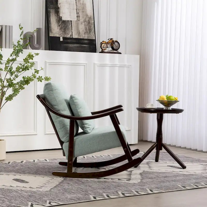 Fauteuil à bascule moderne 1 place en tissu tissé marron clair / jaune / vert clair avec base incurvée en bois massif