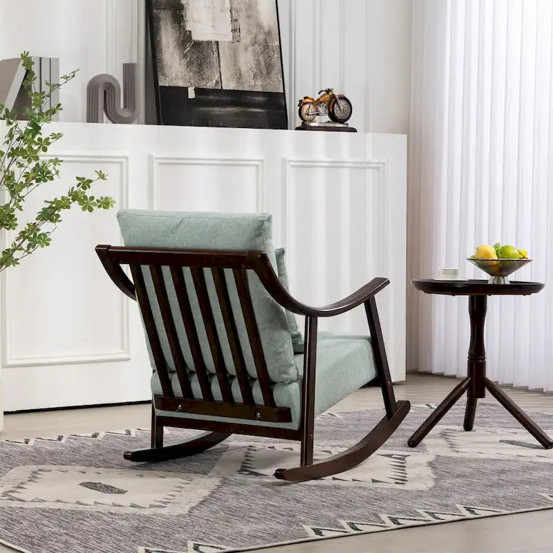 Fauteuil à bascule moderne 1 place en tissu tissé marron clair / jaune / vert clair avec base incurvée en bois massif