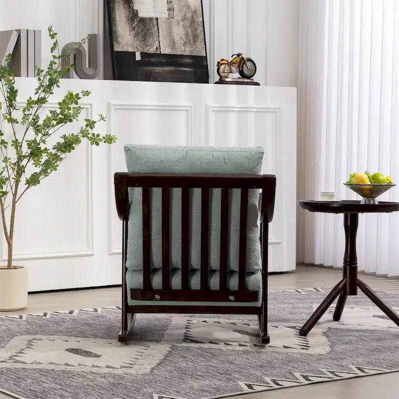 Fauteuil à bascule moderne 1 place en tissu tissé marron clair / jaune / vert clair avec base incurvée en bois massif