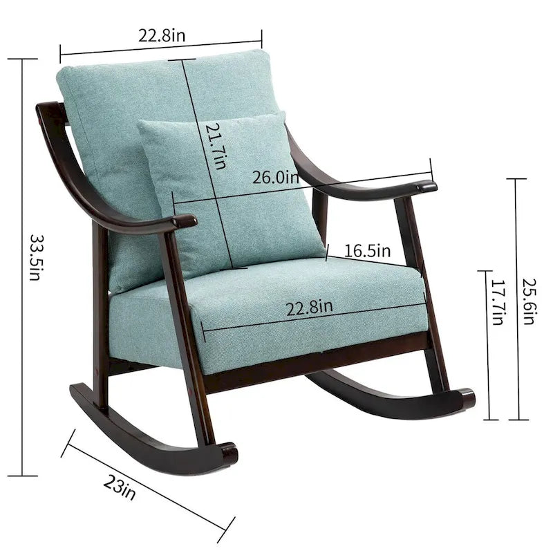 Fauteuil à bascule moderne 1 place en tissu tissé marron clair / jaune / vert clair avec base incurvée en bois massif