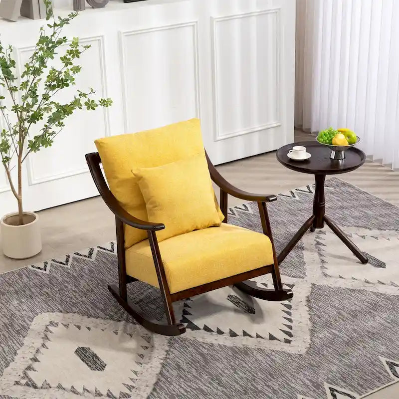 Fauteuil à bascule moderne 1 place en tissu tissé marron clair / jaune / vert clair avec base incurvée en bois massif