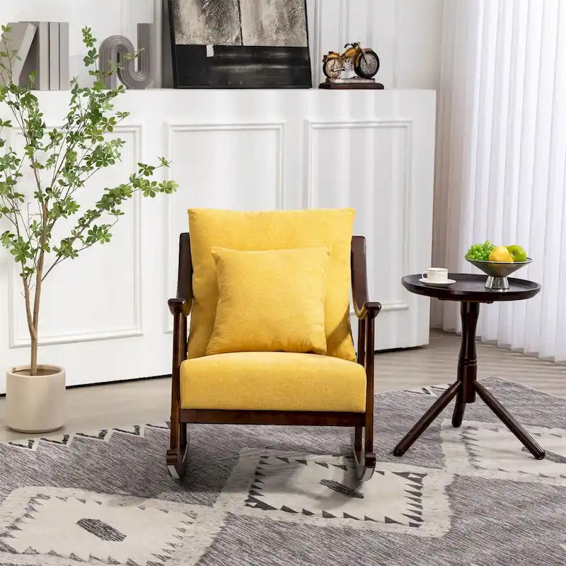 Fauteuil à bascule moderne 1 place en tissu tissé marron clair / jaune / vert clair avec base incurvée en bois massif