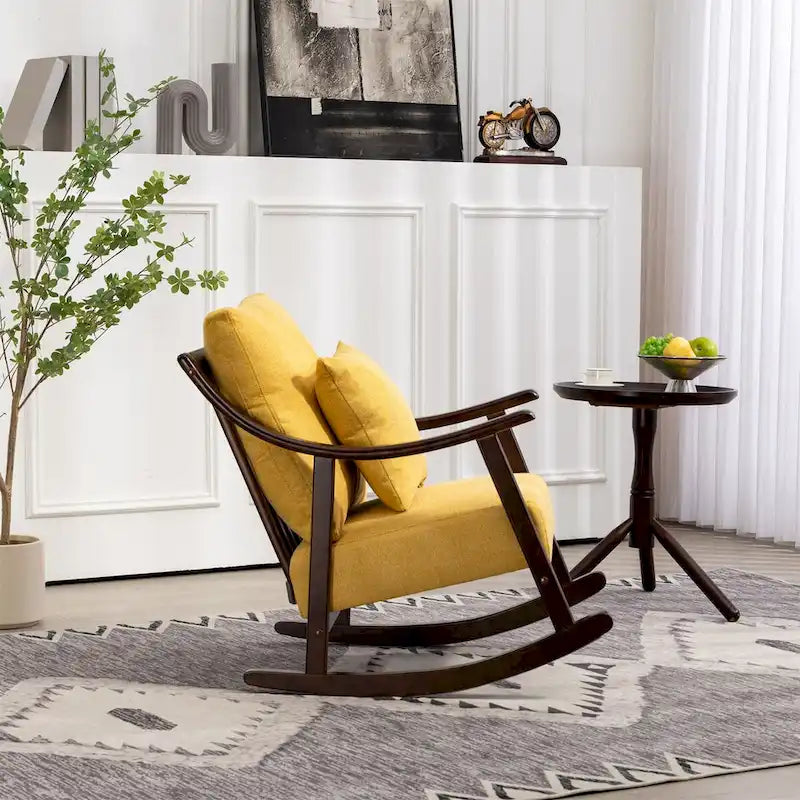 Fauteuil à bascule moderne 1 place en tissu tissé marron clair / jaune / vert clair avec base incurvée en bois massif