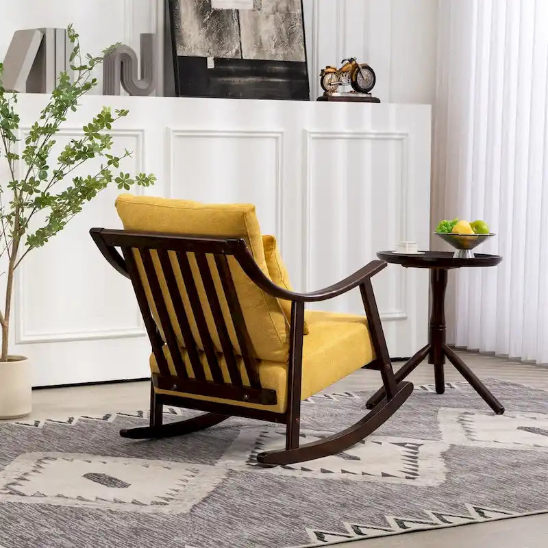 Fauteuil à bascule moderne 1 place en tissu tissé marron clair / jaune / vert clair avec base incurvée en bois massif