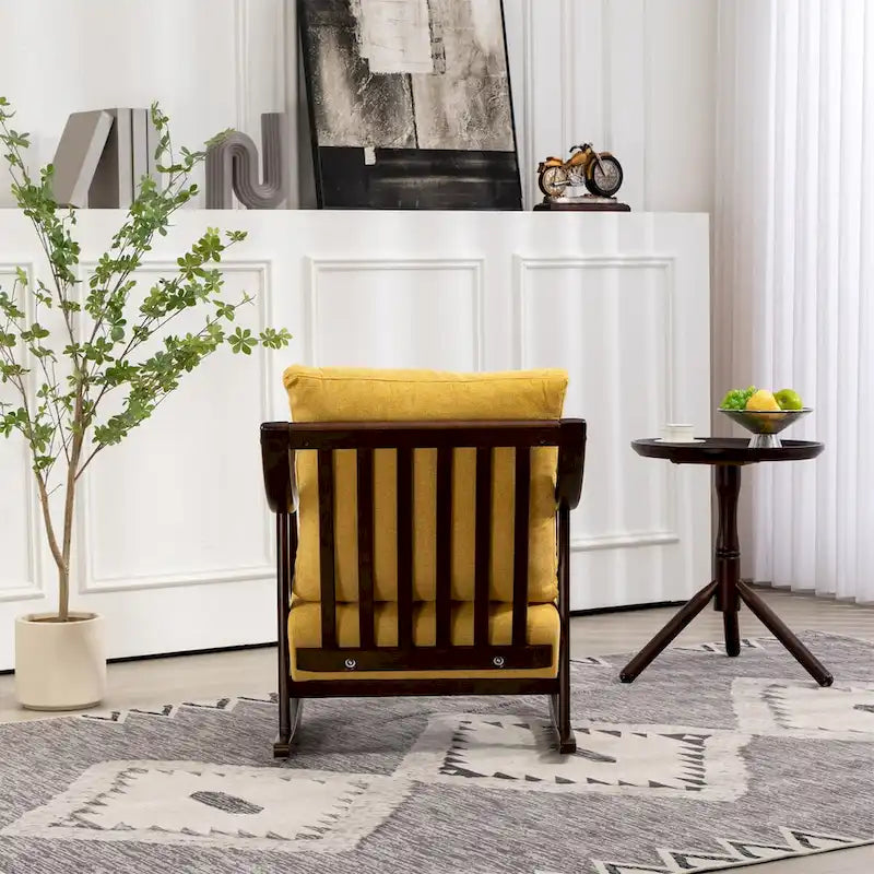 Fauteuil à bascule moderne 1 place en tissu tissé marron clair / jaune / vert clair avec base incurvée en bois massif