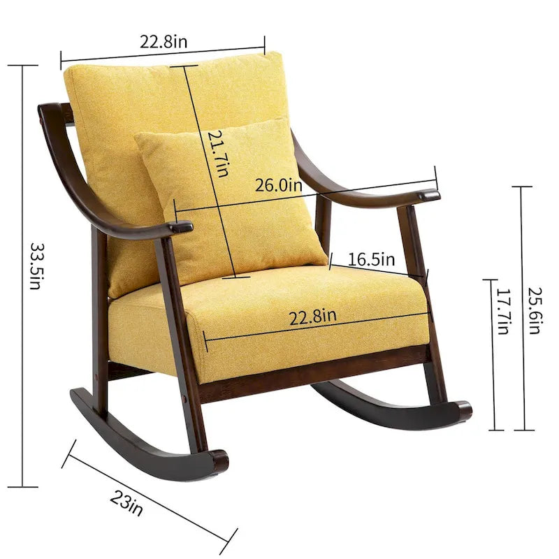 Fauteuil à bascule moderne 1 place en tissu tissé marron clair / jaune / vert clair avec base incurvée en bois massif