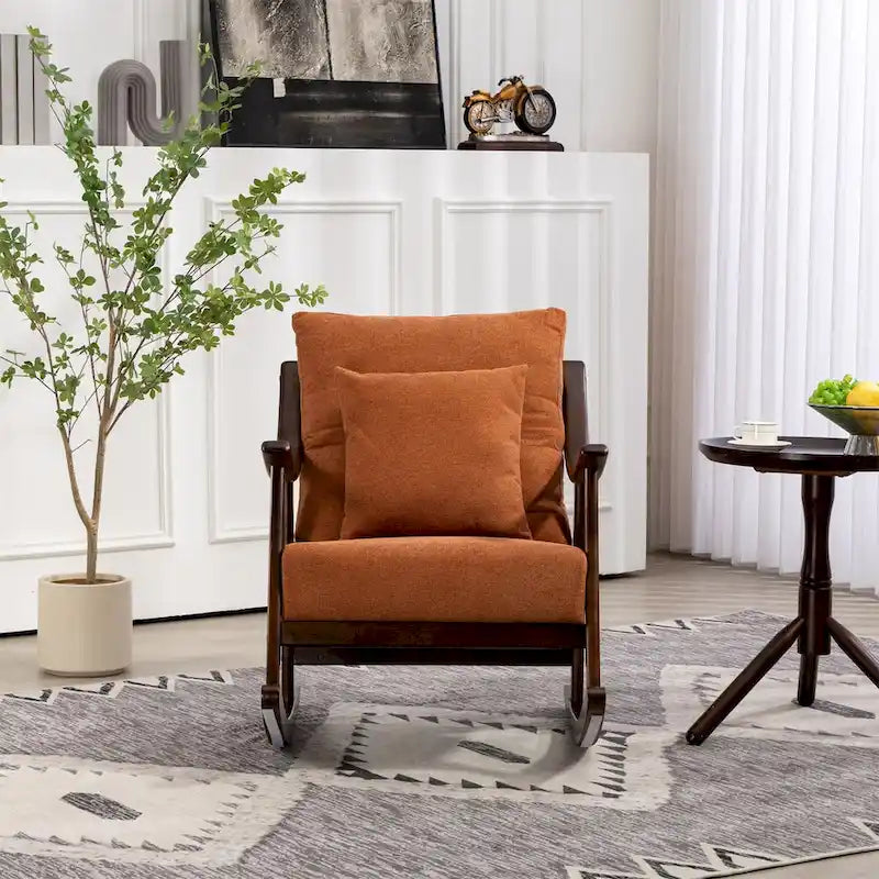Fauteuil à bascule moderne 1 place en tissu tissé marron clair / jaune / vert clair avec base incurvée en bois massif