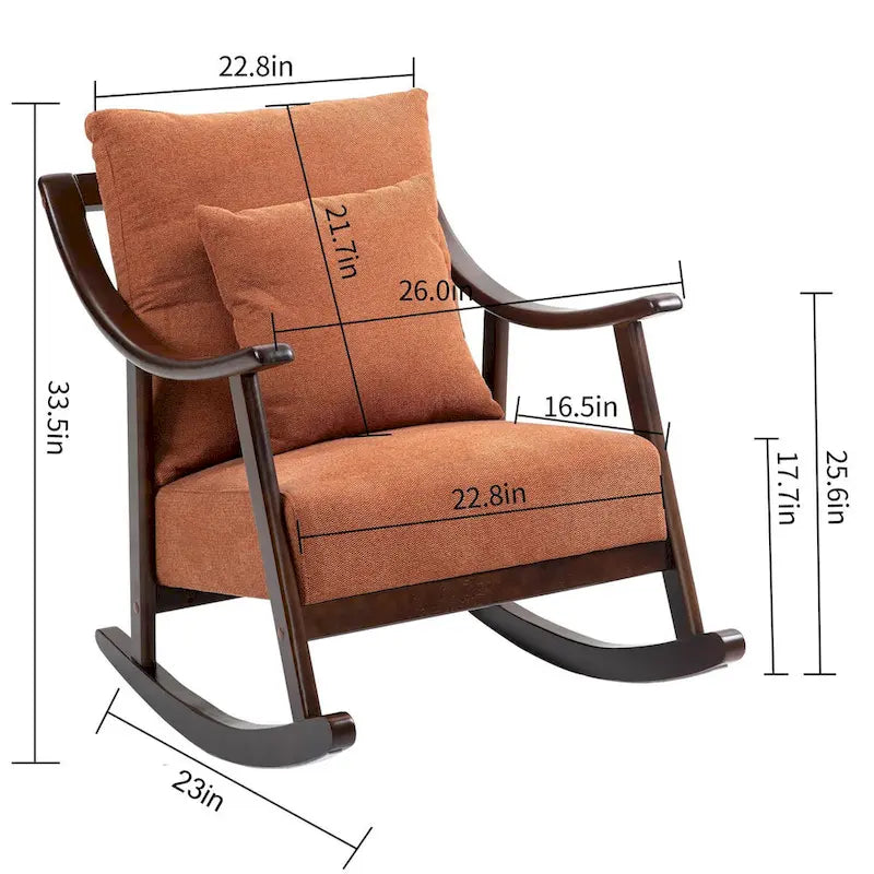 Fauteuil à bascule moderne 1 place en tissu tissé marron clair / jaune / vert clair avec base incurvée en bois massif