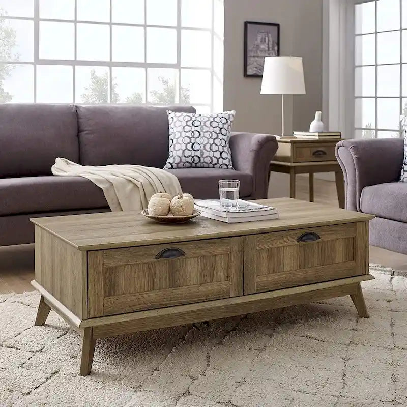 Table Basse Scandinave Chêne Doré / Chêne Fumé avec 2 Tiroirs à Extension Complète, 1 Personne