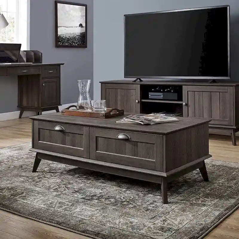 Table Basse Scandinave Chêne Doré / Chêne Fumé avec 2 Tiroirs à Extension Complète, 1 Personne