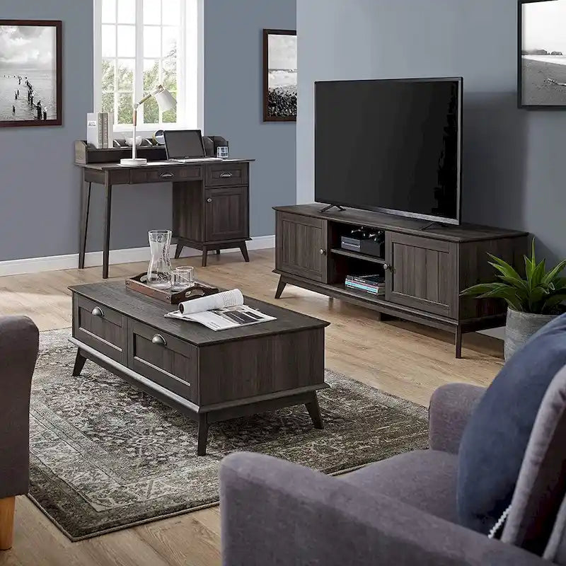 Table Basse Scandinave Chêne Doré / Chêne Fumé avec 2 Tiroirs à Extension Complète, 1 Personne