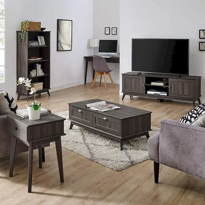 Table Basse Scandinave Chêne Doré / Chêne Fumé avec 2 Tiroirs à Extension Complète, 1 Personne
