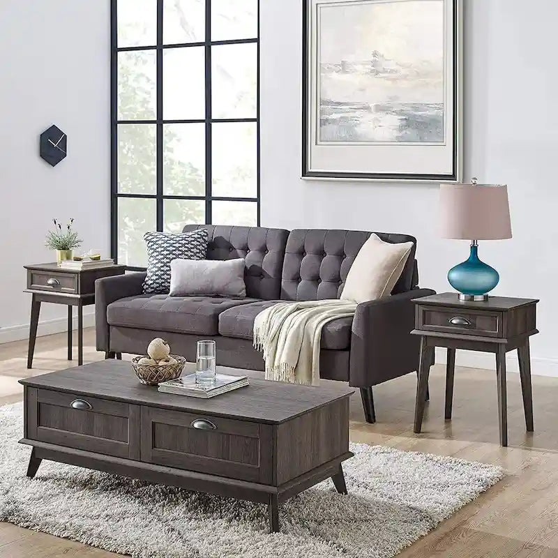 Table Basse Scandinave Chêne Doré / Chêne Fumé avec 2 Tiroirs à Extension Complète, 1 Personne