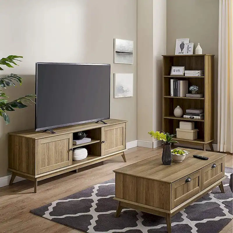 Table Basse Scandinave Chêne Doré / Chêne Fumé avec 2 Tiroirs à Extension Complète, 1 Personne