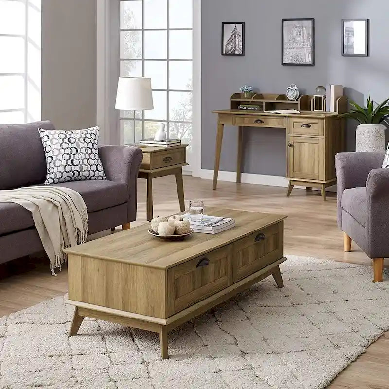 Table Basse Scandinave Chêne Doré / Chêne Fumé avec 2 Tiroirs à Extension Complète, 1 Personne