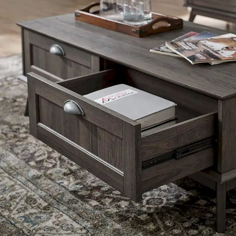 Table Basse Scandinave Chêne Doré / Chêne Fumé avec 2 Tiroirs à Extension Complète, 1 Personne