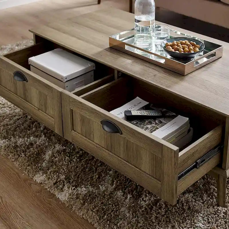 Table Basse Scandinave Chêne Doré / Chêne Fumé avec 2 Tiroirs à Extension Complète, 1 Personne
