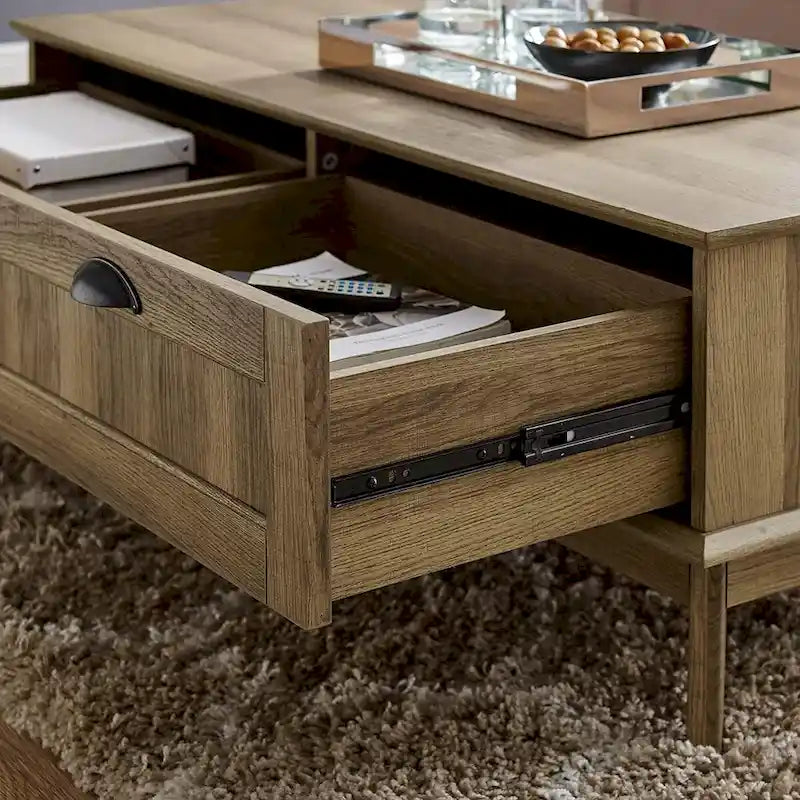Table Basse Scandinave Chêne Doré / Chêne Fumé avec 2 Tiroirs à Extension Complète, 1 Personne