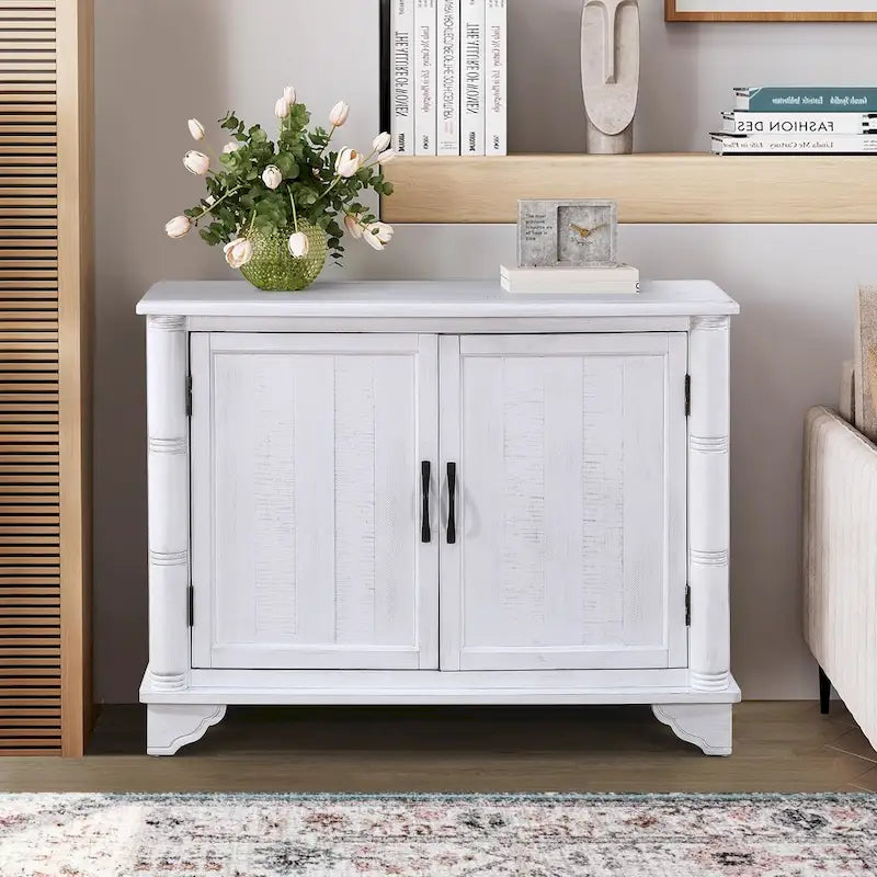 Navy Blue / Antique White / Light Espresso / Natural Retro Console Table with 2 Cabinets & Adjustable Shelves, Solid Pine Legs, 40 Inch