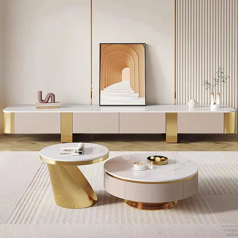 Meuble TV Blanc Brillant avec Plateau en Pierre Frittée, Pieds Dorés et 4 Tiroirs, 200 cm