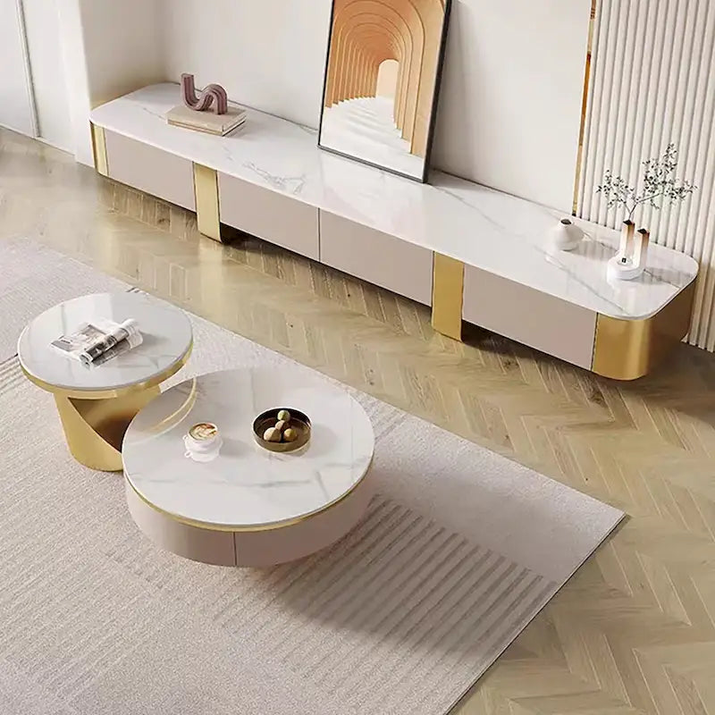 Meuble TV Blanc Brillant avec Plateau en Pierre Frittée, Pieds Dorés et 4 Tiroirs, 200 cm