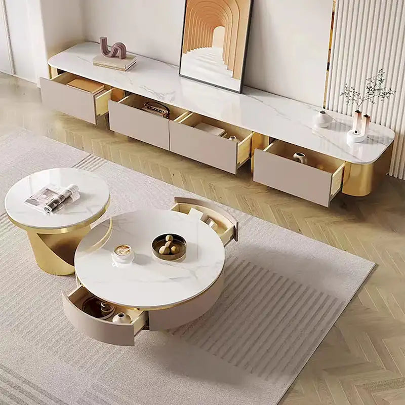 Meuble TV Blanc Brillant avec Plateau en Pierre Frittée, Pieds Dorés et 4 Tiroirs, 200 cm