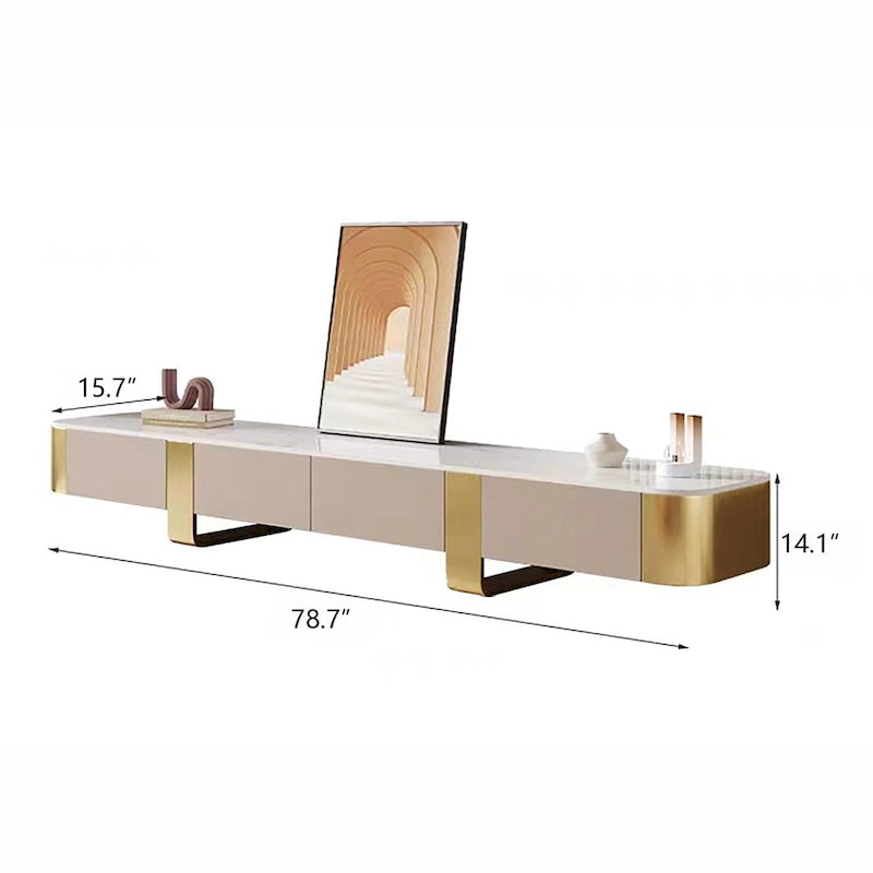 Meuble TV Blanc Brillant avec Plateau en Pierre Frittée, Pieds Dorés et 4 Tiroirs, 200 cm