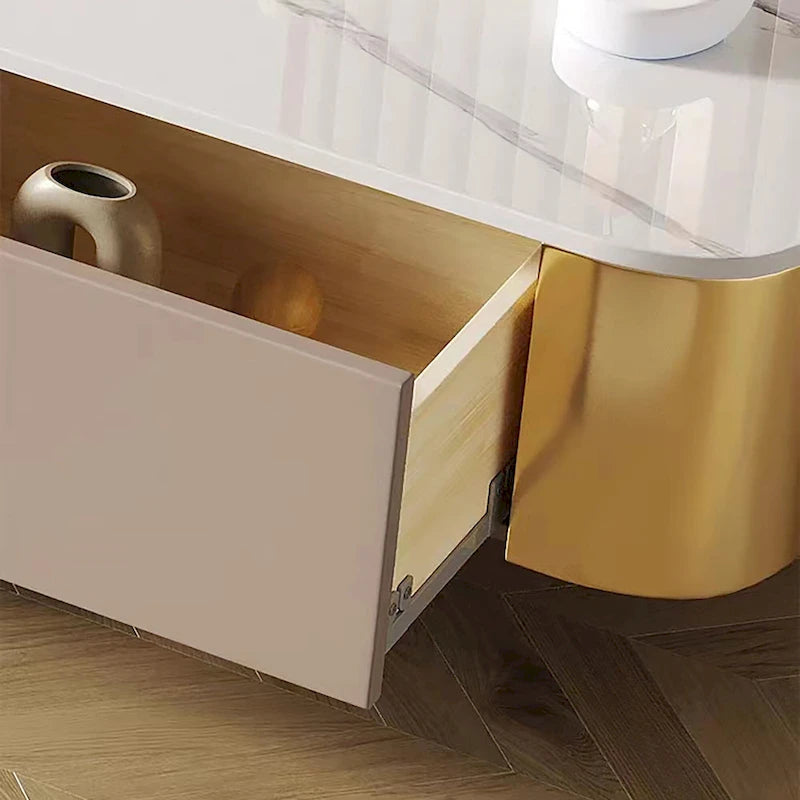 Meuble TV Blanc Brillant avec Plateau en Pierre Frittée, Pieds Dorés et 4 Tiroirs, 200 cm