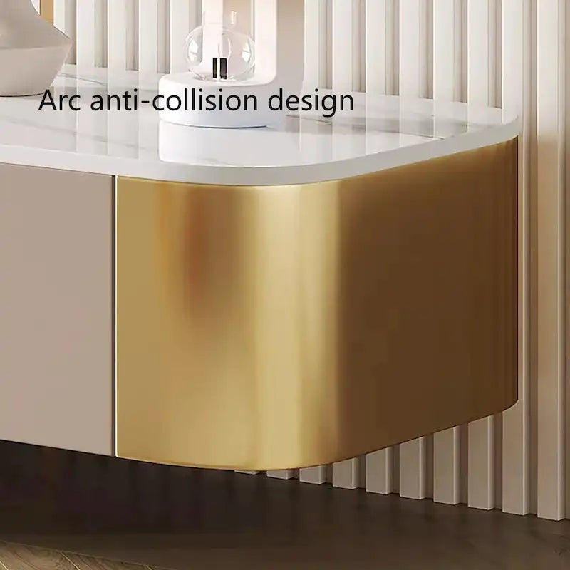 Meuble TV Blanc Brillant avec Plateau en Pierre Frittée, Pieds Dorés et 4 Tiroirs, 200 cm