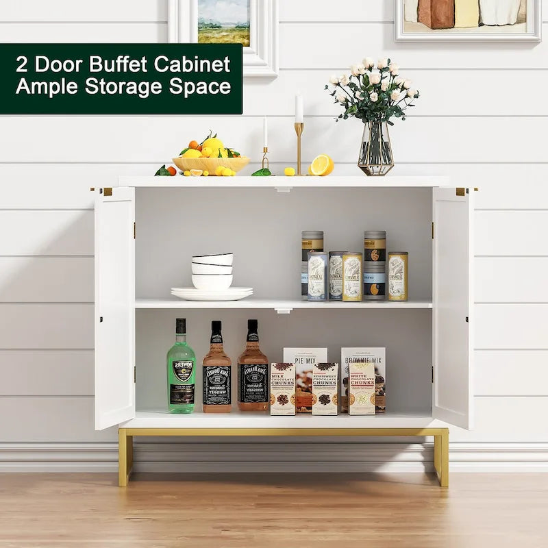 Buffet de ferme blanc avec portes en rotin naturel, base en métal doré et 2 compartiments de rangement, 80 cm