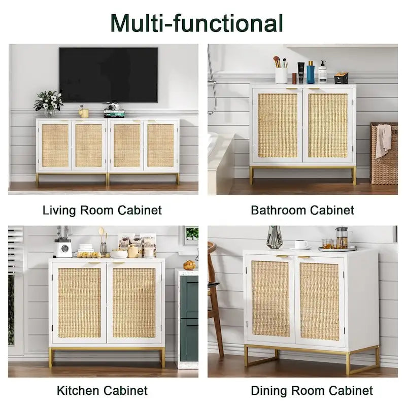Buffet de ferme blanc avec portes en rotin naturel, base en métal doré et 2 compartiments de rangement, 80 cm