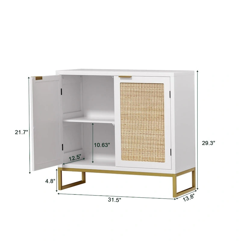 Buffet de ferme blanc avec portes en rotin naturel, base en métal doré et 2 compartiments de rangement, 80 cm