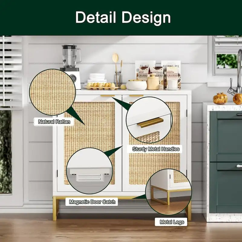 Buffet de ferme blanc avec portes en rotin naturel, base en métal doré et 2 compartiments de rangement, 80 cm