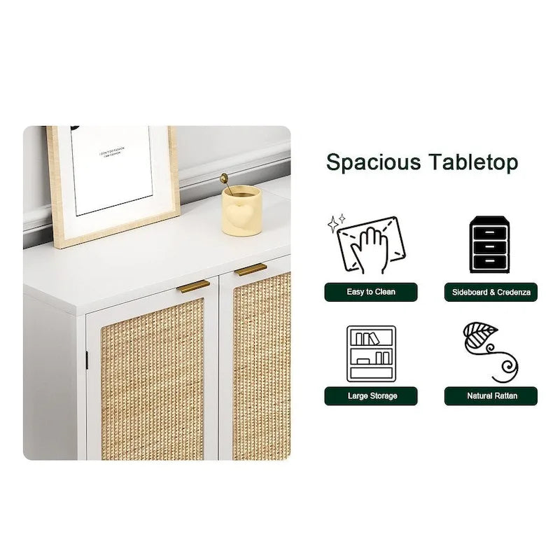 Buffet de ferme blanc avec portes en rotin naturel, base en métal doré et 2 compartiments de rangement, 80 cm